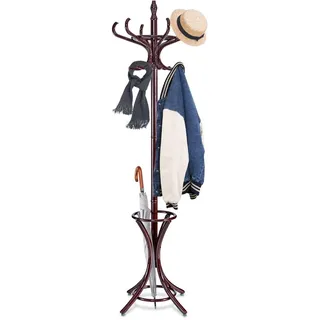 GIANTEX Garderobenständer mit Schirmständer, Kleiderständer Holz mit 12 Kleiderhaken, Garderobe holz Kleiderbaum freistehend, Standgarderobe für Flur Wohnzimmer (braun)