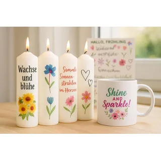 4er-Pack Wasserschiebefolie Frühling – Kerzensticker & Tassen-Dekor | Über 80+ Motive | Frühling & Sommer DIY Set | Für Kerzen, Tassen, Gläser, Keramik | J&F Originals
