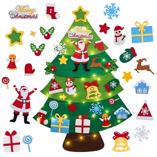 DazSpirit Filz Weihnachtsbaum mit Lichtern für Kinder – 3,28Ft DIY Filz Baum mit 23 Ornamenten – Weihnachtsbaum zum Aufhängen für Kleinkinder, Kinderzimmer, Tür & Wand Deko