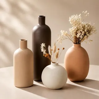 OFFASST Keramik Vasen Set 4-teilig | Iconic Home Vase für Pampasgras & Trockenblumen | Moderne Tischdeko in Beige & Braun | Neutral Boho Skandinavische Vase Hoch für Wohnzimmer