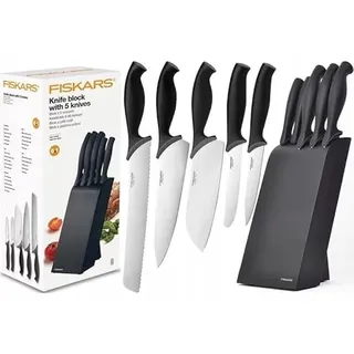 Fiskars Messerblock Set, 5 Messer aus hochwertigem Edelstahl HRC52, Ergonomische Softgrip-Griffe, Schwarzer Holzblock