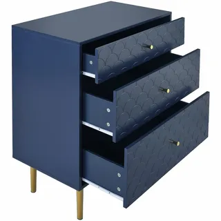 MODFU Kommode 75x40x89 cm mit 3 Schubladen Fischschuppen Front Marineblau mit Metallbeinen 20 cm eleganter Stauraum für Wohn und Schlafbereich