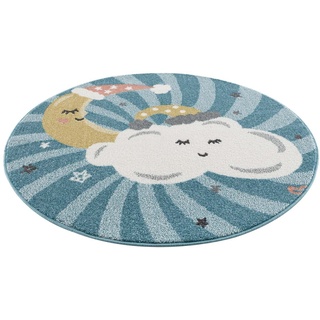 Kinderteppich Anime9380, Carpet City, rund, Höhe: 11 mm, Teppich Mond, Wolken, Sterne, Weicher Flor blau Ø 120 cm x 11 mm
