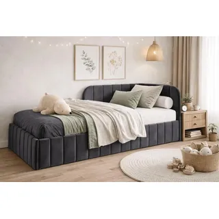 Bett Mario 120x200 cm, Polsterbett mit Metallrahmen, Jugendbett mit Bettkasten, Jasmine-Stoff, Graphit, Rechts - Dunkelgrau