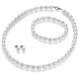FIRETTI Schmuckset Multipack Schmuck Geschenk Silber 925 Halskette Armband Ohrstecker (Set, 4-tlg), Made in Germany - mit Süßwasserzuchtperlen silberfarben|weiß