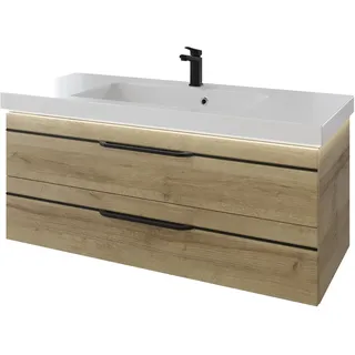 Pelipal Balto Komplett-Set Waschtischunterschrank mit Beleuchtung Mineralmarmorwaschtisch 1230 x 508 mm - Riviera Eiche quer Nachbildung mit schwarzer Einlage - SET-098-070