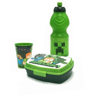 Snack-Set aus Kunststoff, 400 ml Flasche, 1 Becher, 1 Behälter (Minecraft)