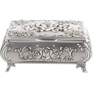 Schmuckkastchen Metall Antik Jewelry Box Floral Gravur Schmuckschatulle 3D Rose Geschnitzte Schmuckdose Ringe Ketten Organizer f ̈1r Frauen, Silber(9x6,5x4 cm)
