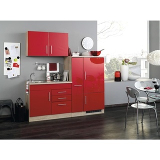 Held Möbel Singleküche mit Geräten Toronto 190 cm Frontfarbe rot Matt Korpusfarbe sonoma eiche