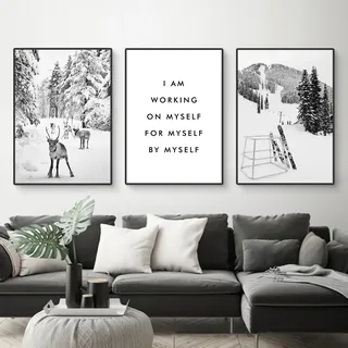 Uixxducc 3er Schwarz-weiß Winter Poster Set - Premium Elch Kiefer Leinwandbilder Winter Deko & Wand Bilder, Ohne Rahmen - Wanddeko Für Wohn- Und Schlafzimmer (C,21 x 30 cm)