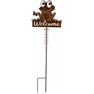 XiRRiX Gartenstecker Regenmesser Frosch"Welcome" in Rost Optik, Deko für den Garten (Gartendekoration, auf Stab) Niederschlagsmesser H. 98 cm