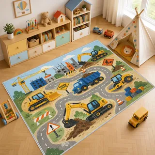 Generisch Baustelle Bagger Teppich Wohnzimmer 120x170cm Waschbar rutschfest | Cartoon Kinderzimmer Teppiche, Weicher Kurzflor Teppich für Schlafzimmer Esszimmer Büro Deko, hU275