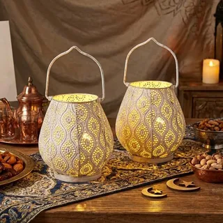 TRIROCKS 2er-Set Marokkanische Deko-Lampen 26 cm H Batteriebetriebene Kabellose Lampe Metall-Tischlampen mit Lichterkette Glühbirne für Garten Partys Veranstaltungen Tischplatte Drinnen Draußen (Weiß)
