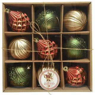 Kaemingk Weihnachtsbaumkugel, Weihnachtskugeln Kunststoff Vintage 8cm rot / gold / grün, 9er Set bunt|grün|rot