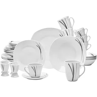 van Well Alaska Geschirrset für 4 Personen – 32-teiliges klassisches Porzellan Kombi-Service in Weiß – Geschirr Set mit eckiger Form, weiß mit grau schwarzen Linien für die perfekte Tafel
