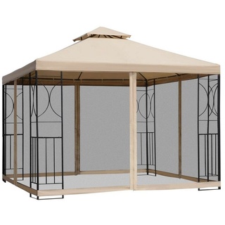 Outsunny Pavillon Partyzelt wetterfest Zelt mit 4 Ablagen Metall + Polyester, mit 4 Seitenteilen, (Partyzelt, Gartenpavillon), für Garten, Beige weiß