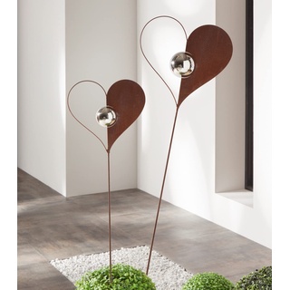 Dekoleidenschaft 2X Gartenstecker Herz mit Kugel aus Metall in Rost-Optik, 100 & 123 cm hoch, Dekostecker, Garten-Deko für Draußen