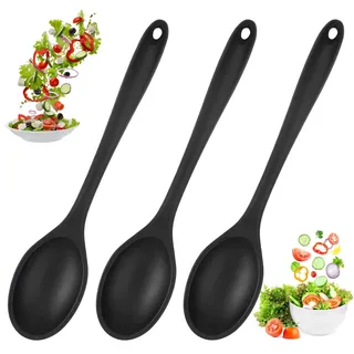 3 Stück Kochlöffel Silikon Rührlöffel, Schwarz Antihaft Silikonlöffel 27cm | Langen Griff Silikon Kochlöffel, Silicone Servierlöffel Kunststoff, Silicone Mixing Spoons für Küche, Kochen, Backen, Rühren