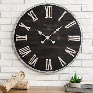 Glitzhome Übergroße, rustikale Bauernhaus-Wanduhr aus Holz und verzinkt, dekorative große Wanduhr für Heimdekoration, 70 cm, Schwarz