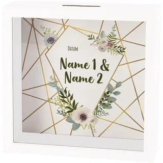 Herz & Heim® Personalisierter Bilderrahmen als Spardose mit Namen & Datum – Geschenk zur Hochzeit, Verlobung oder zum Valentinstag – Bilderrahmenspardose aus Holz & Glas (Hochzeit)