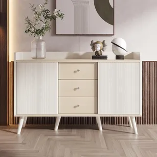 Merax Kommode Holz, Modernen Sideboard mit Schiebetüren, Schrank mit 3 Schubladen, für Wohnzimmer, Esszimmer & Schlafzimmer, 117,5x39,5x79 cm, Weiß & Holzfarbe