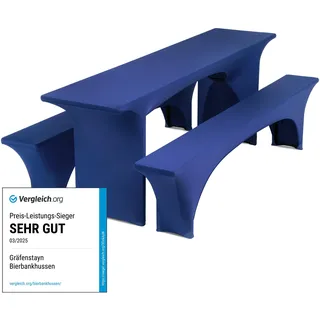 Gräfenstayn® Leopold Stretch - Biertischhussen-Set 3tlg. für Bierzeltgarnitur - 50cm oder 70cm Tischbreite - mit Öko-Tex Siegel Standard 100 : "Geprüftes Vertrauen (Blau, 50x220)