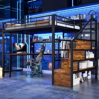 Merax Hochbett 140x200 cm mit Schreibtisch, Treppe mit Regal und Rausfallschutz, Funktionsbett Kinderhochbett mit LED, 2 Schubladen, integrierter Kleiderstange, Metallbett (ohne Matratze), Schwarz