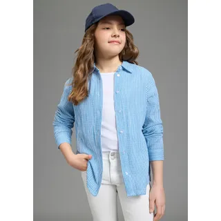 KangaROOS Hemdbluse Musseline Bluse mit modischem Streifen für Mädchen, Langarm mit Knöpfen am Ärmelabschluss, aus Baumwolle blau 140