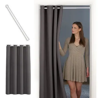 tinycurtains Türvorhang mit Stange weiß 55-90 cm ohne Bohren, Thermo Vorhang Tür, Ösen, abdunkelnd, Polyester, grau Nebula, Türgardine mit Klemmstange Raumtrenner verdunkelnd grau 150 cm x 195 cm