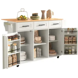 HAUSS SPOLE Kücheninsel Küchenwagen Buffetschrank mit Rollen,klappbare Arbeitsplatte, (Esszimmerwagen Anrichte 139x46(71)x91,5cm mit auswechselbare Massivholzfüße), mit Ausziehbare Arbeitsplatte,Massivholzbeine umschaltbar