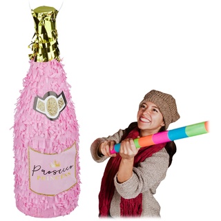 Relaxdays Pinata Sektflasche, Champagner Pinata zum Aufhängen, Geburtstag, Prinzessin, Piñata zum Befüllen, rosa-gold, 1 Stück