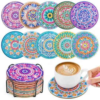 WuGU 10 Stück Diamond Painting Untersetzer mit Halter, Wiederverwendbare Glasuntersetzer, Diamant-Malsets, DIY Mandala-Muster für Anfänger, Erwachsene & Kinder,Küche Wohnzimmer Dekoratio