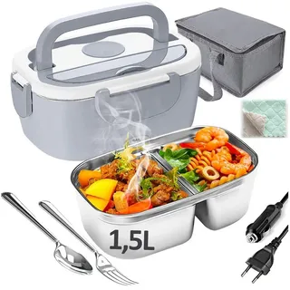 MOPUEA Elektrische Lunchbox 3 in 1 Elektrische Lunchbox, Lunchbox Brotdose aus Edelstahl, (isolierte Lunchbox für Zuhause und Auto) grau