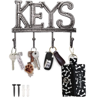 Comfify Schlüsselbrett - Keys - Wandmontierter Schlüsselhaken - Rustikaler Schlüsselorganizer aus Gusseisen - Dekoratives Schlüsselregal mit 4 Haken - mit Schrauben und Dübeln - 6''x8''