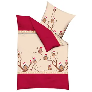 Kaeppel Bettwäsche 135x200cm Wintereule Weihnachten Rot Beige, Biber, 2 teilig, Tolles Motiv mit Eulen, die Weihnachtsmützen tragen rot