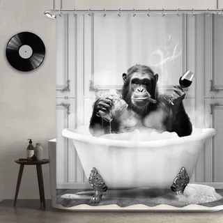 Newsely Lustiger Affen-Duschvorhang, 183 x 183 cm (B x H), Schimpanse in der Badewanne, schwarz-weiß, Tierwelt, Jungen, Herren, Duschvorhang, Badezimmer-Set, modern, cool, wasserdicht, Baddekoration,