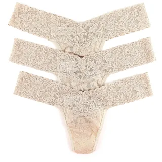 hanky panky Low Rise Thong - Tanga, Unterwäschen Damen Baumwolle Tiefer Schnitt, Lingerie Slip Damen aus Stretch-Spitze Signature Lace, Color Chai - One Size [3er-Pack] - Einheitsgröße Große Größen