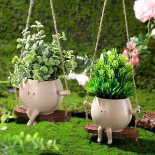 Suclain 2 Stück Schwing-Pflanztopf mit Gesichts-Design, 14 x 10 x 8 cm, Kunstharz-Blumentopf mit langem Bein, dekorativer hängender Übertopf mit Kopf für Innenwand, Sukkulenten, Outdoor, Mutter,