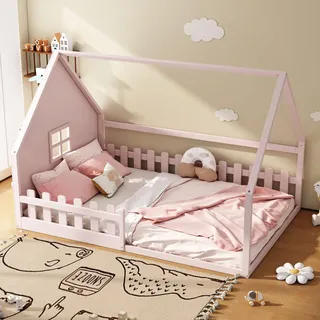 Ball & Cast Bodenbett 140x200 cm, Hausbett mit Rausfallschutz, Montessori Bett aus massivem Kiefernholz, Kinderbett, ohne Matratze, Rosa