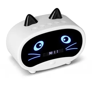 Topiky Digitaler Wecker-Lautsprecher, Cartoon-Katzen-Wecker mit Temperaturanzeige, Dual-Wecker, Bluetooth-Lautsprecher, UKW-Radio, Freisprechfunktion für Schlafzimmer-Büro(Weiß)