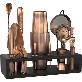 Highball & Chaser Bar-Set mit schwarzem Bambusständer, schönes Cocktail-Shaker-Set und Bar-Werkzeuge, Edelstahl, Boston-Shaker, Barkeeper-Set mit Ständer