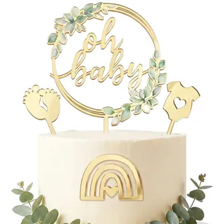 4 Stück Oh Baby Tortenaufleger, Acryl Kuchenstecker Babyparty Tortendeko mit Babybody, Babyfüße, Regenbogen Kuchen Topper, Cake Topper für Babyparty, Gender Reveal, Baby Shower Deko