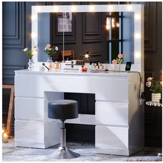 Furnicopia Schminktisch Großer verspiegelter Schminktisch mit sieben Schubladen (Abmessungen: 120 × 40 × 140 cm, 2 Steckdosen, 1 USB-Anschluss, 1 Typ-C-Anschluss. Spiegeldurchmesser: 106 cm. Inklusive Schmuckschrank mit speziellen Fächern für Halsketten, Ringe und Ohrringe-ostern geschenke) Schminktisch mit Barhockern | 120 cm
