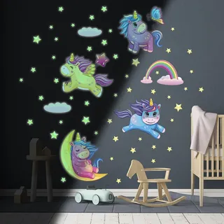 Ambiance Sticker Leuchtender Wandaufkleber für Kinder, fluoreszierend, Einhorn in den Sternen – H175 x L110 cm