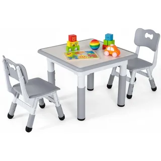 Clevich Kindertisch mit 2 Stühlen, Tisch Stuhl Set, Kindersitzgruppe Höhenverstellbar, Kindermöbel für Kinderzimmer Maltisch Sitzgruppe- Ergonomisch, Multifunktional - Grau