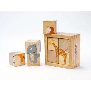 LK Trend & Style Puzzle Holzpuzzle In einem Würfel verschiedene Tiere, schönes Anfänger Puzzle, 4 Puzzleteile, aus nachhaltig gewonnenen Gummibaum Holz gelb