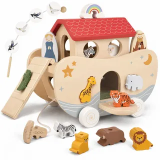 Setzling Arche Noah Holz, Montessori Spielzeug und Taufgeschenk ab 1 Jahr | Liebevolles Taufgeschenk: Arche Noah aus Holz mit 10 Tierpaaren, vielseitigen Spielideen und magnetischem Regenbogen.