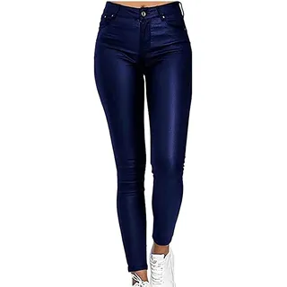 XUEBIN Damen Wetlook Kunstleder-Hose Leder-Look Glanz Low-Waist Skinny Lederhose(Blue,XL)
