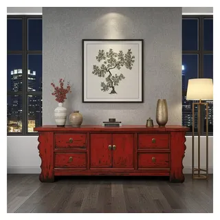 OPIUM OUTLET Kommode Asiatische Möbel Chinesischer Schrank Kommode Lowboard (Hochzeitsschrank asiatisch chinesisch orientalisch, komplett montiert, Asia TV Sideboard im Vintage-Stil aus Holz), Breite 177 cm Höhe 60 cm, rot rot