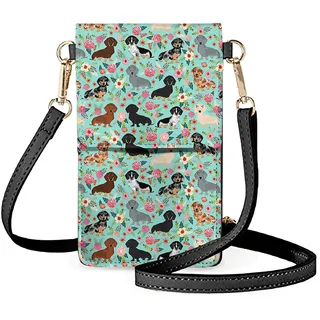 NETILGEN Handytasche für Damen und Mädchen, Touch-Handytasche, Umhängetasche, Kartenhalter, Geldbörse, Blumen und Hunde - 10,9 x 20,1 cm